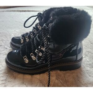 Portland Boot Company Black Patent Leather Faux Fur Cuff Combat Boots 6